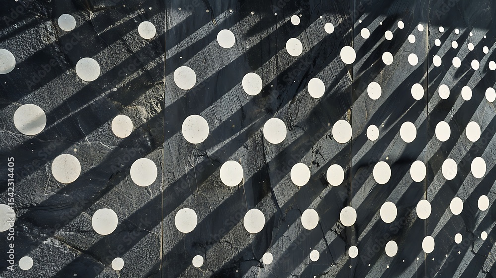 Poster abstract design with circles and diagonal lines on a dark surface.