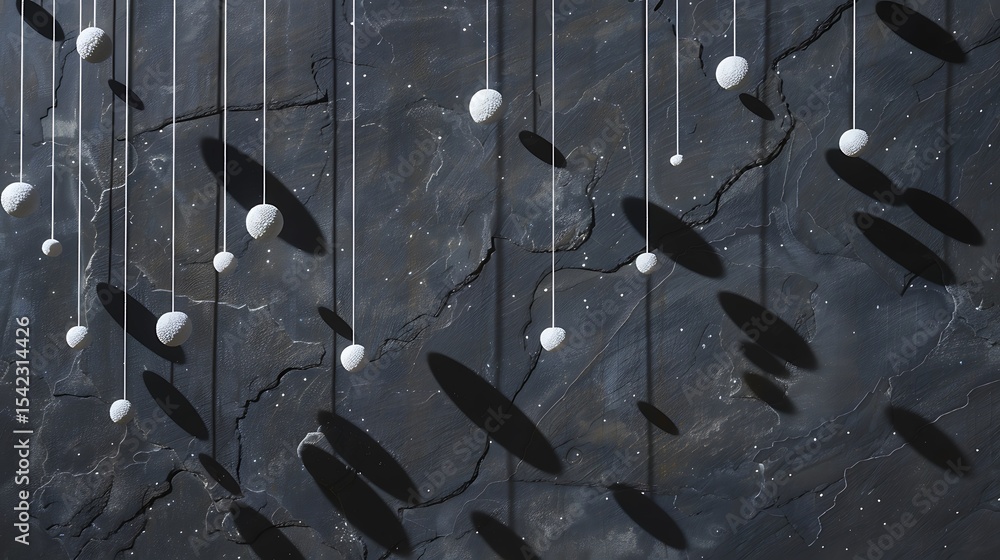 Poster white orbs suspended from strings against a dark textured backdrop.