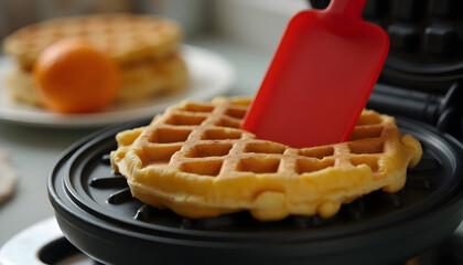 A freshly baked waffle being removed from a waffle iron with a red spatula.