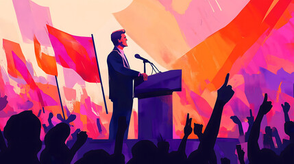 politician delivering a speech at an outdoor rally, standing behind a podium with microphones, the crowd waving flags and cheering in the background