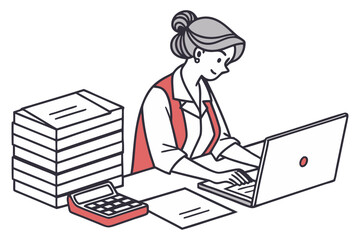 Bookkeeper Woman with Paperwork and Computer