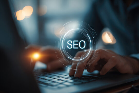 Multi exposure of seo icon with man working on computer on background. Concept of search engine optimization