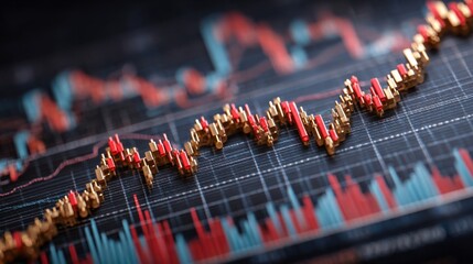 A detailed financial market chart showcases vibrant candlestick patterns in red and green, representing price movements over time. The background grid highlights trading trends clearly.