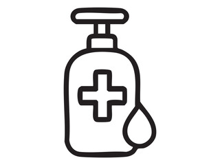 Obraz premium Black outline of hand sanitizer bottle with pump and droplet, isolated on white background. concept of hygiene, cleaning tool, health, safety, icon, design element