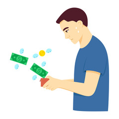 Man losing money cash and coins from his wallet. Man feeling anxiety and stress about finances. Vector illustration