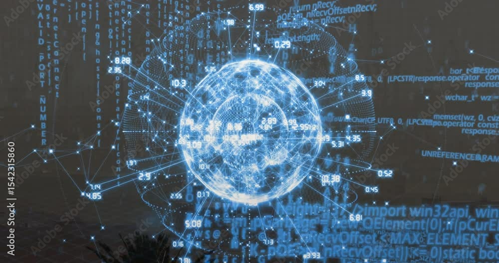 Poster on sequence starting glowing holographic sphere revealing pulsing nodes for showing data complexity