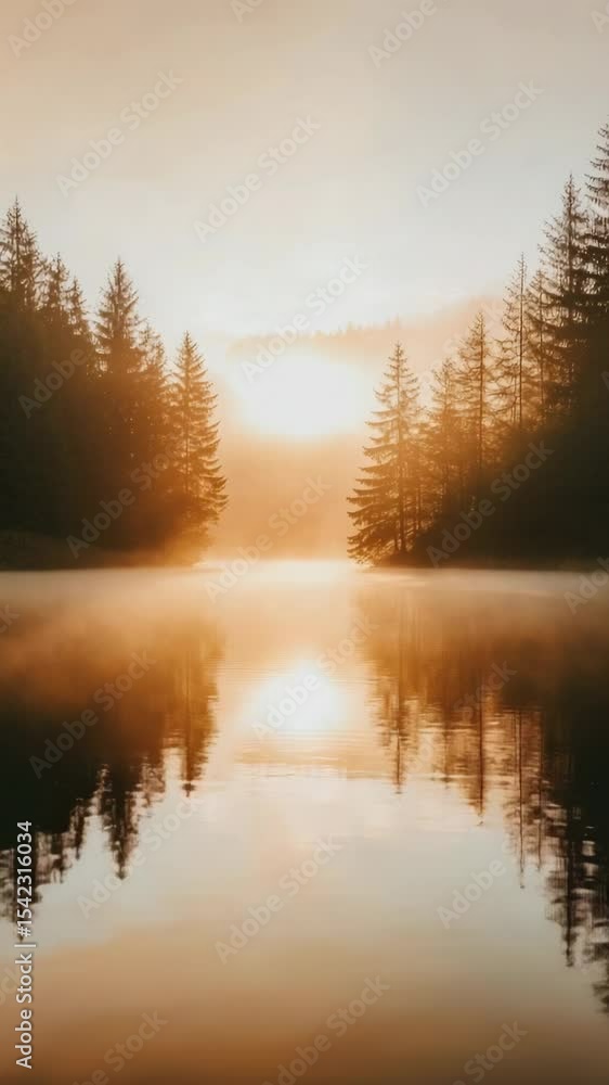Poster a serene lake scene with misty fog and surrounding trees, perfect for calm and peaceful atmosphere