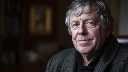 Portrait Of A Mature Person With Gray Hair, Thoughtful Expression, Close Up