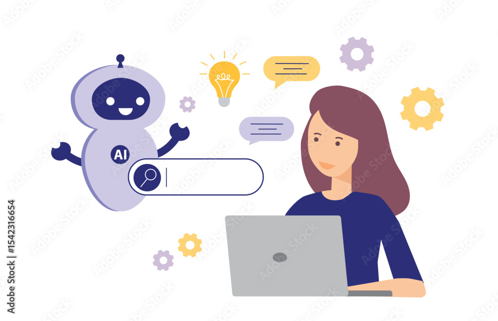 Poster woman using artificial intelligence generative tools for searching or browsing internet. search conc