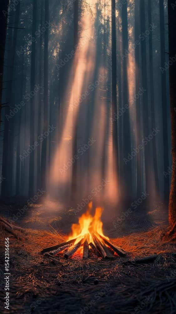 Poster a campfire in a dense forest with trees surrounding it