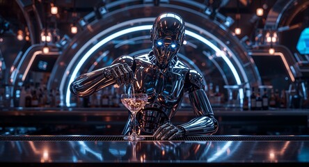 A chrome robot bartender pouring a drink at a futuristic bar with neon lights in the background