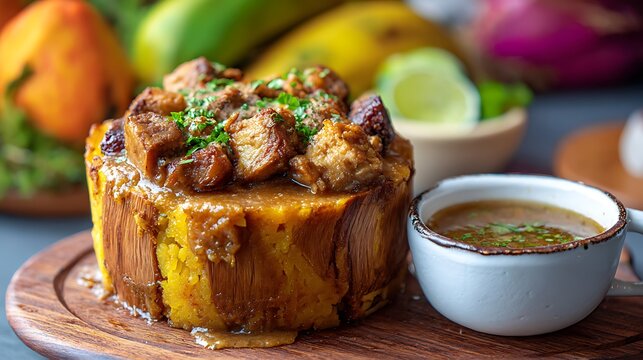 Golden fried plantain mofongo in wooden pil&oacute;n, topped with crispy pork chunks and garlic sauce. 