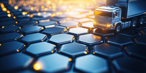 Delivery truck navigating a glowing hexagonal asphalt road at sunset, showcasing urban logistics and transport dynamics