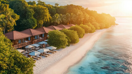 Beachfront resort with tropical bungalows nestled among palm trees on a serene ocean shoreline at sunset