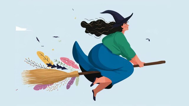 funny cartoon witch in colorful costume riding broom for halloween