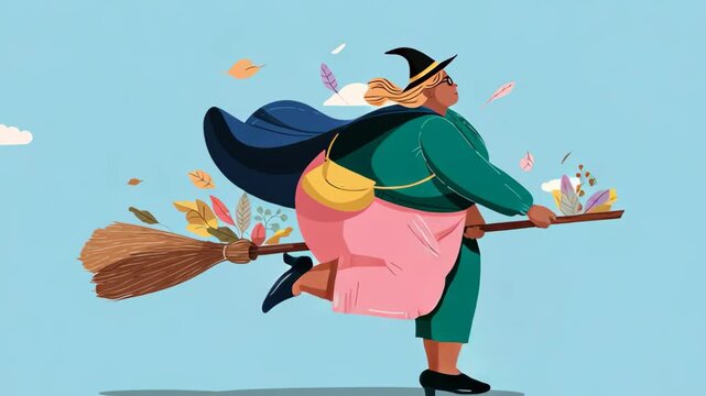 funny cartoon witch in colorful costume riding broom for halloween
