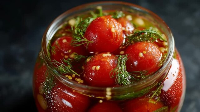Fresh pickling process of cherry tomatoes with dill and garlic in a glass jar