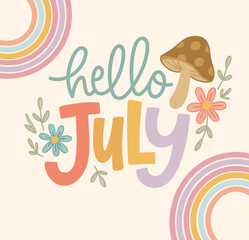 Hello July text cartoon vector icon illustration seasonal summer rainbow typography design icon isolated flat