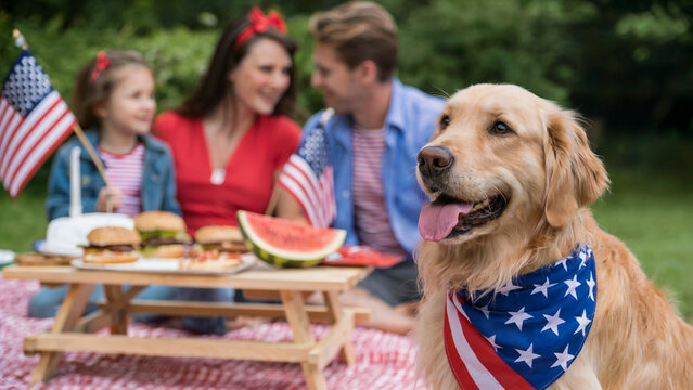 Patriotic family picnic with golden retriever dog wearing american flag bandana
