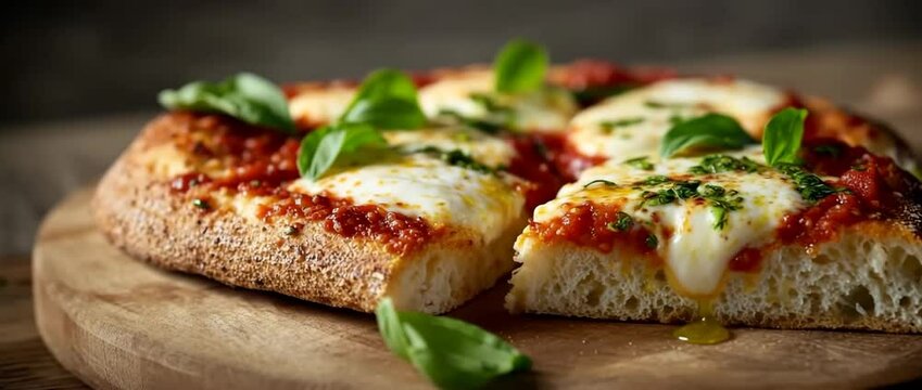 Sliced margherita pizza with melting cheese and basil leaves on wooden board