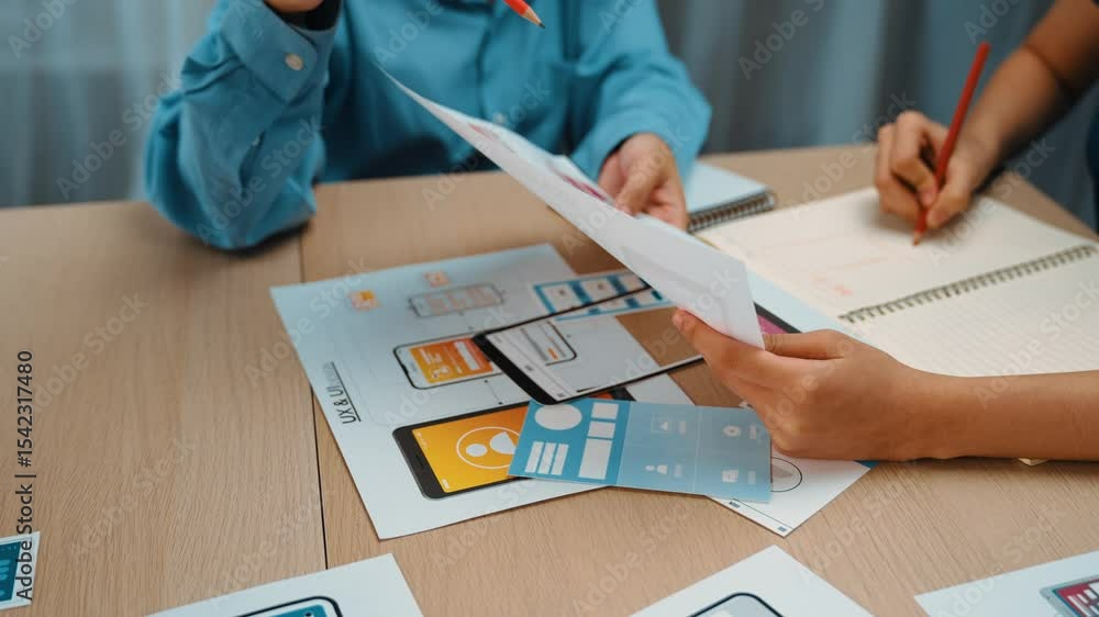 Poster panorama video of startup company employee planning on user interface prototype for mobile applicati