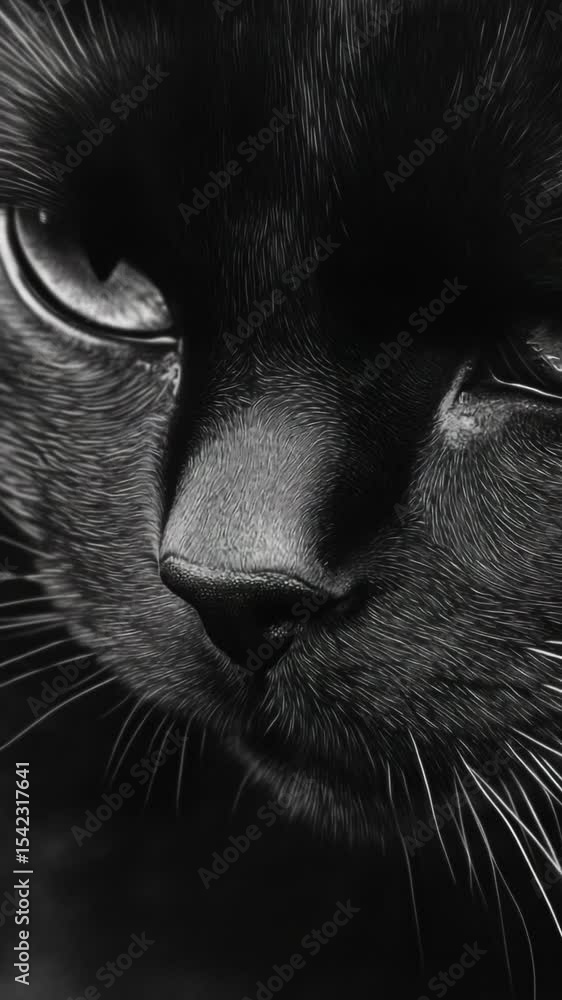 Poster a close-up shot of a black cat's face with sharp features and piercing eyes