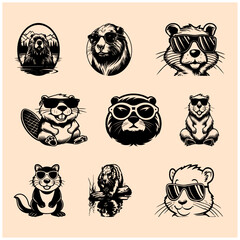 set of beaver head vectors with sunglasses © samahabub