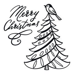 Merry Christmas Bird on Christmas Tree Festive Holiday Line Art Illustration