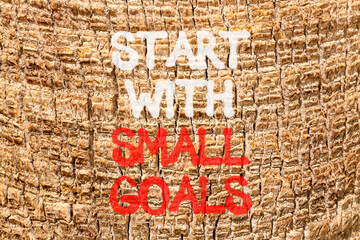 Fototapeta premium Start with small goals symbol. Concept words phrase Start with small goals on beautiful palm tree bark. Beautiful palm tree bark background. Business Start with small goals concept. Copy space.