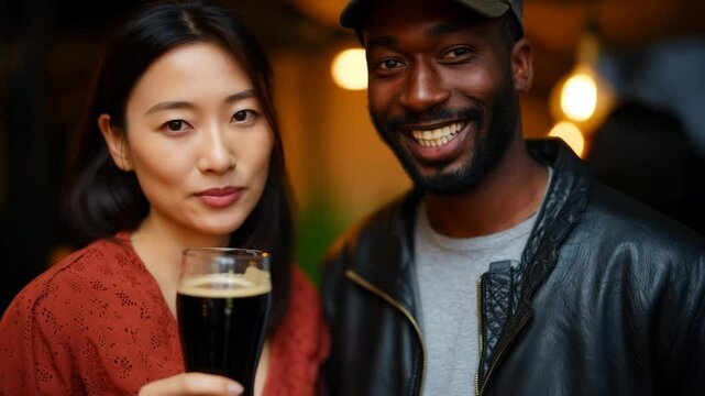 Joyful friends enjoying drinks at a cozy bar with warm lighting and cheerful atmosphere