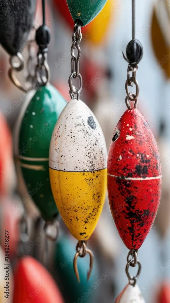 Poster a close-up shot of a collection of fishing floats, suitable for use in designs related to water spor