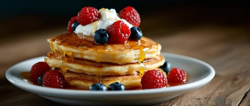 Delicious pancake stack with berries and syrup on wooden table in natural light