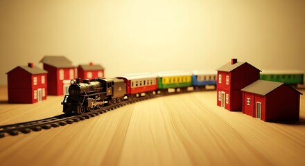 Vintage Toy Train Set on Wooden Table near Colorful Houses