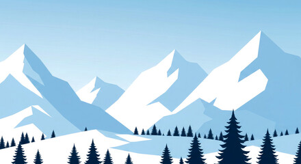 Minimalist winter landscape illustration with snowy mountains and evergreen trees vector graphic design