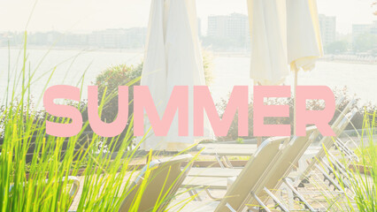 Bright summer retreat by the beach with lounge chairs and umbrellas in a serene setting