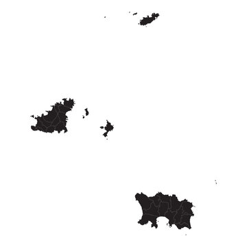 Detailed vector map of the Channel Islands showing Jersey, Guernsey, Sark, Alderney, borders, and coastlines