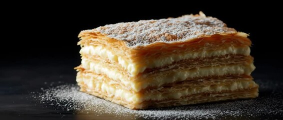 Closeup rotation of millefeuille pastry dusting with sugar on black background