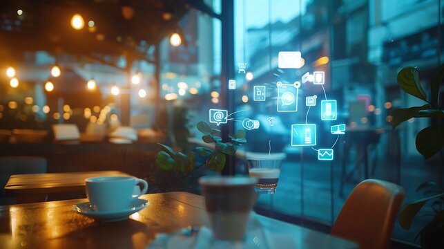 Digital interface overlaid on a cafe scene at night.