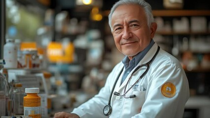 Senior male pharmacist in white coat smiles confidently while standing at a pharmacy counter surrounded by various medication bottles and healthcare products