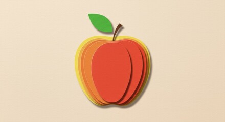Minimalist layered paper art apple with green leaf and shadow on beige background