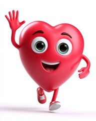 Fototapeta premium A cute cartoon human heart with big eyes and smile, waving hand, glossy texture, isolated on white background