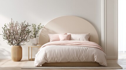 feminine soft minimal bedroom full view, platform bed with curved headboard, blush bedding, smooth matte wall, soft ambient light