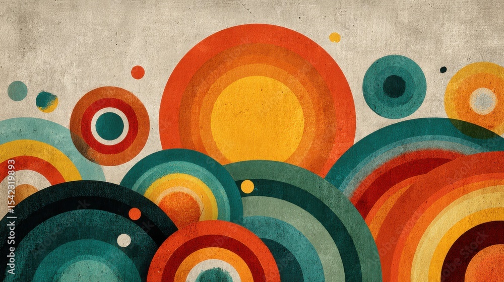 Poster brightly colored circular patterns overlap to form an abstract design filled with yellows, greens, a