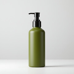 Fototapeta premium Elegant olive-green dispenser with black pump against a soft white background, minimalist style.