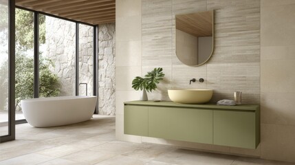 Fototapeta premium organic contemporary bathroom, cream ceramic tiles, olive green vanity, sandy stone floor, natural light, minimal decor