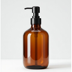 Fototapeta premium Elegant amber glass bottle with sleek black pump dispenser, perfect for sophisticated bathrooms.