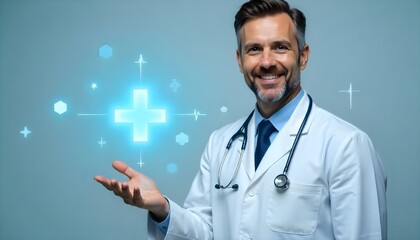 Confident Doctor Holding Glowing Virtual Plus Sign with Futuristic Medical Technology Background

