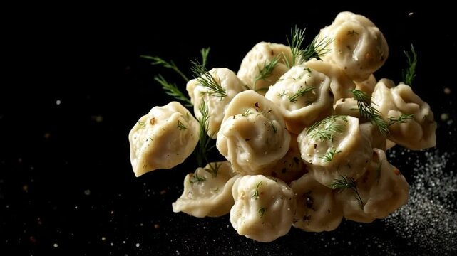 Mouthwatering homemade dumplings cascading with fresh herbs in slow motion