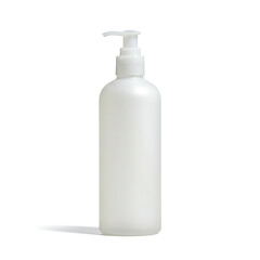 Clean white bottle with a pump dispenser against a stark white background, casting a soft shadow.