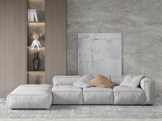 Mock up of a modern living room with a stylish design with a comfortable corner sofa and a trendy decorative background, 3D rendering.